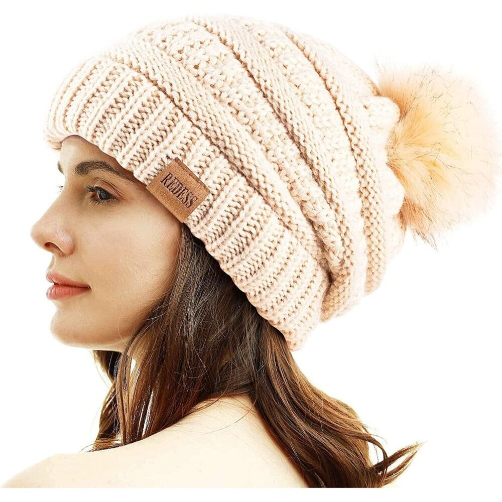 Women Biege Winter Pom Pom Beanie Hat with Warm Fleece Lined XL